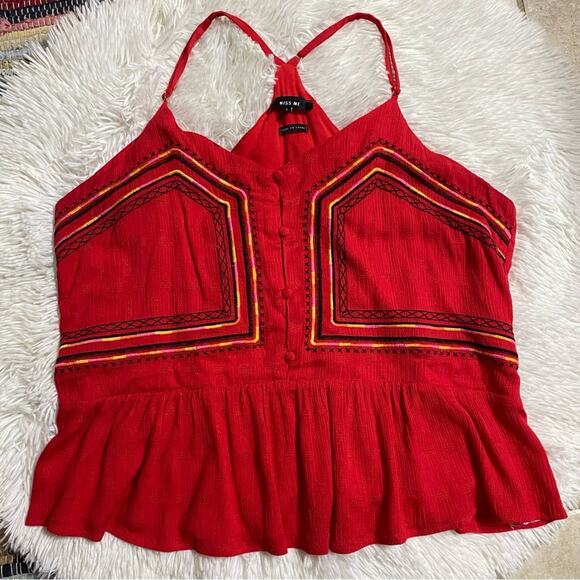 MISS ME • Red Embroidered Ruffle V-Neck Tank Top - Picture 4 of 8